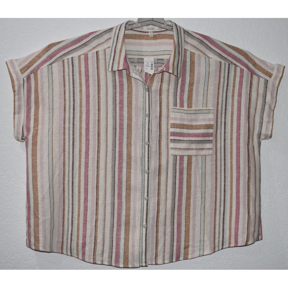 Maurices 3X Linen Blend Stripe Top Short Cap Sleeve Button Blouse Beachy Breezy